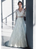 V Neck Ivory Lace Polka Dots Tulle Long Sleeves Wedding Dress